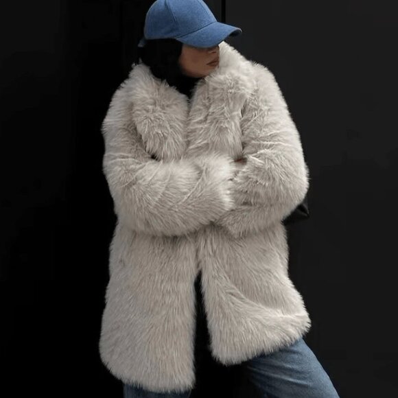 Luxury Women's Lapel Neck Long Sleeve Open Front Fuzzy Coat - Picture 2 of 6